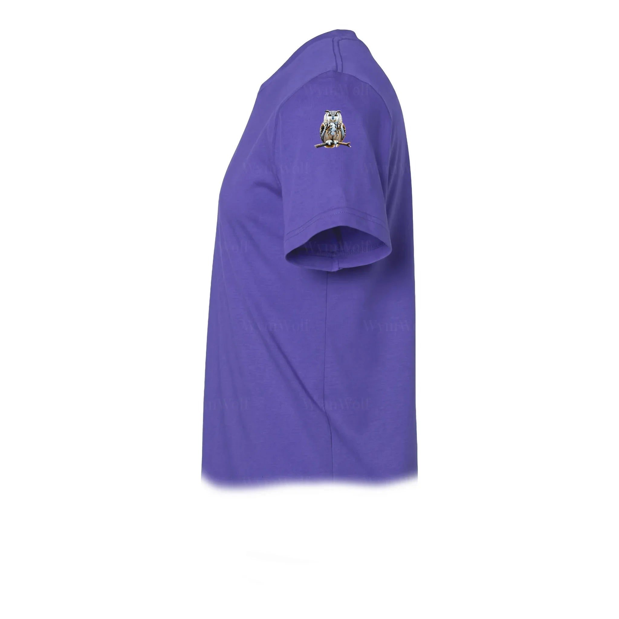 A purple short-sleeve crewneck t-shirt  featuring a small graphic of a wildlife animal on the upper left sleeve.