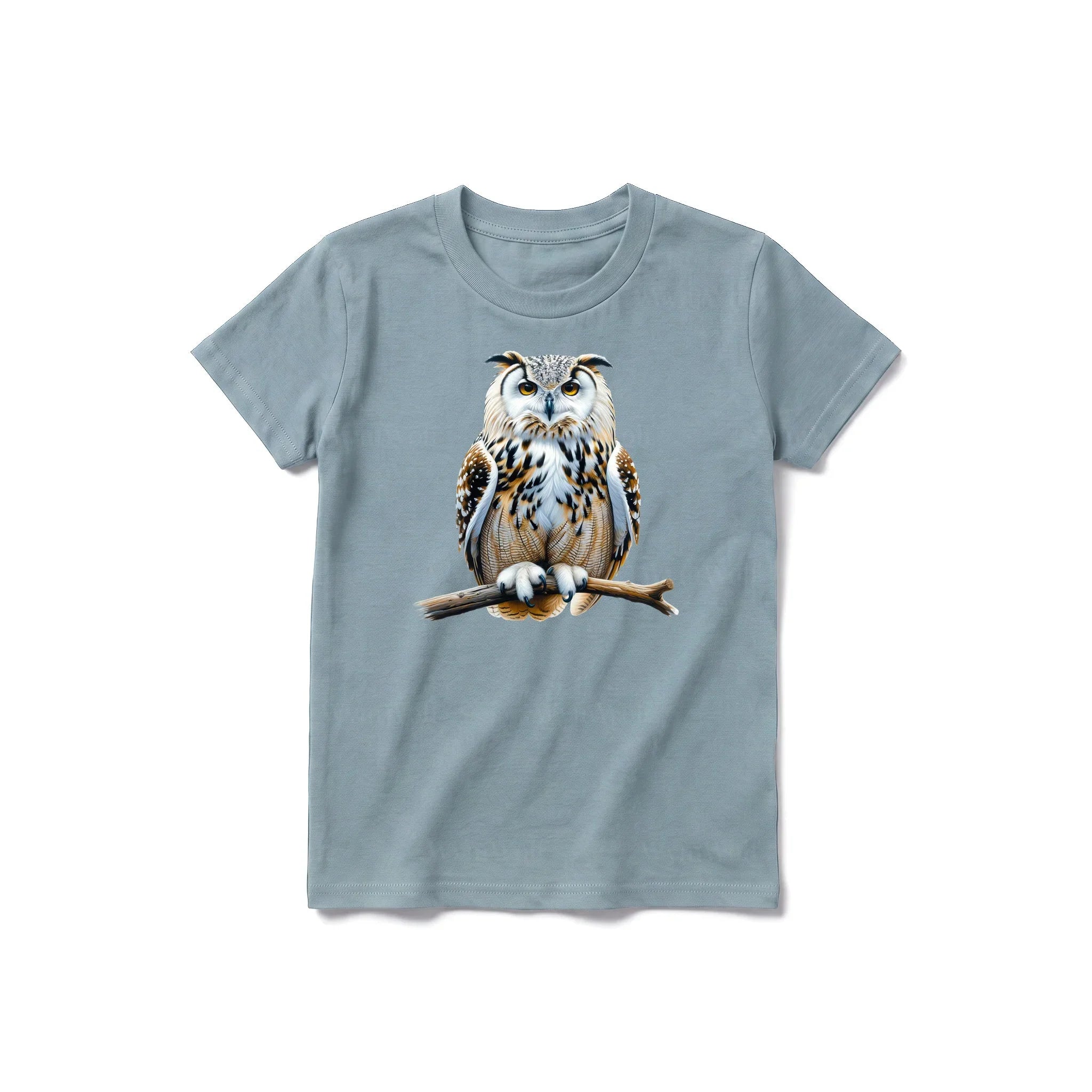 Un T-shirt sauge à manches courtes et col rond pour jeune, orné d'un motif représentant un animal de la faune sur le devant.