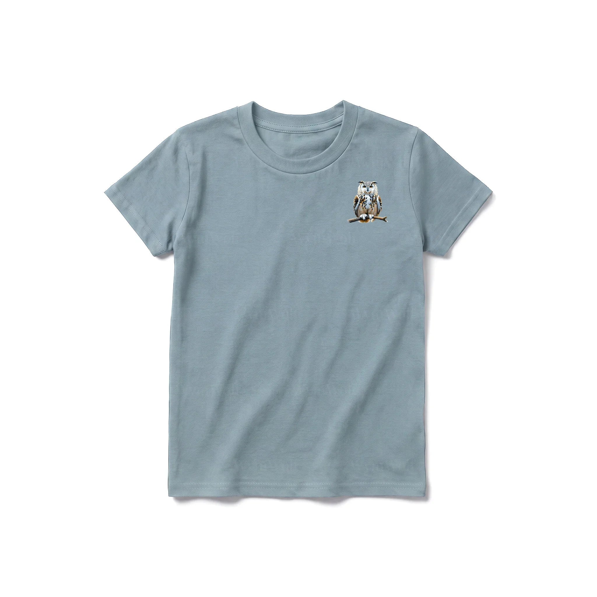 Un T-shirt sauge à manches courtes et col rond pour jeune, orné d'un motif représentant un animal de la faune sur la poitrine gauche.