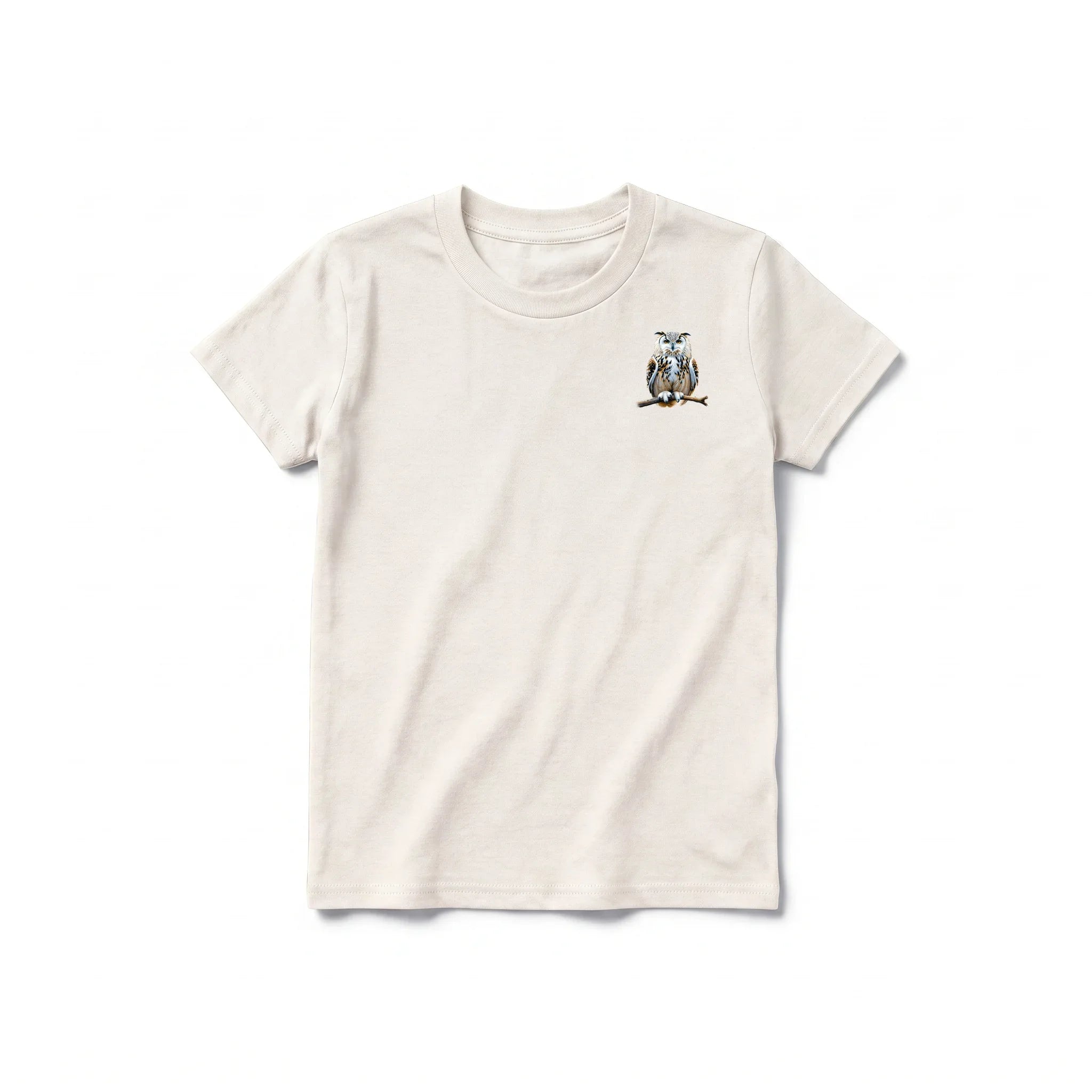 A vintage-white short-sleeve crewneck t-shirt for youth featuring a graphic of a wildlife animal on the left chest.