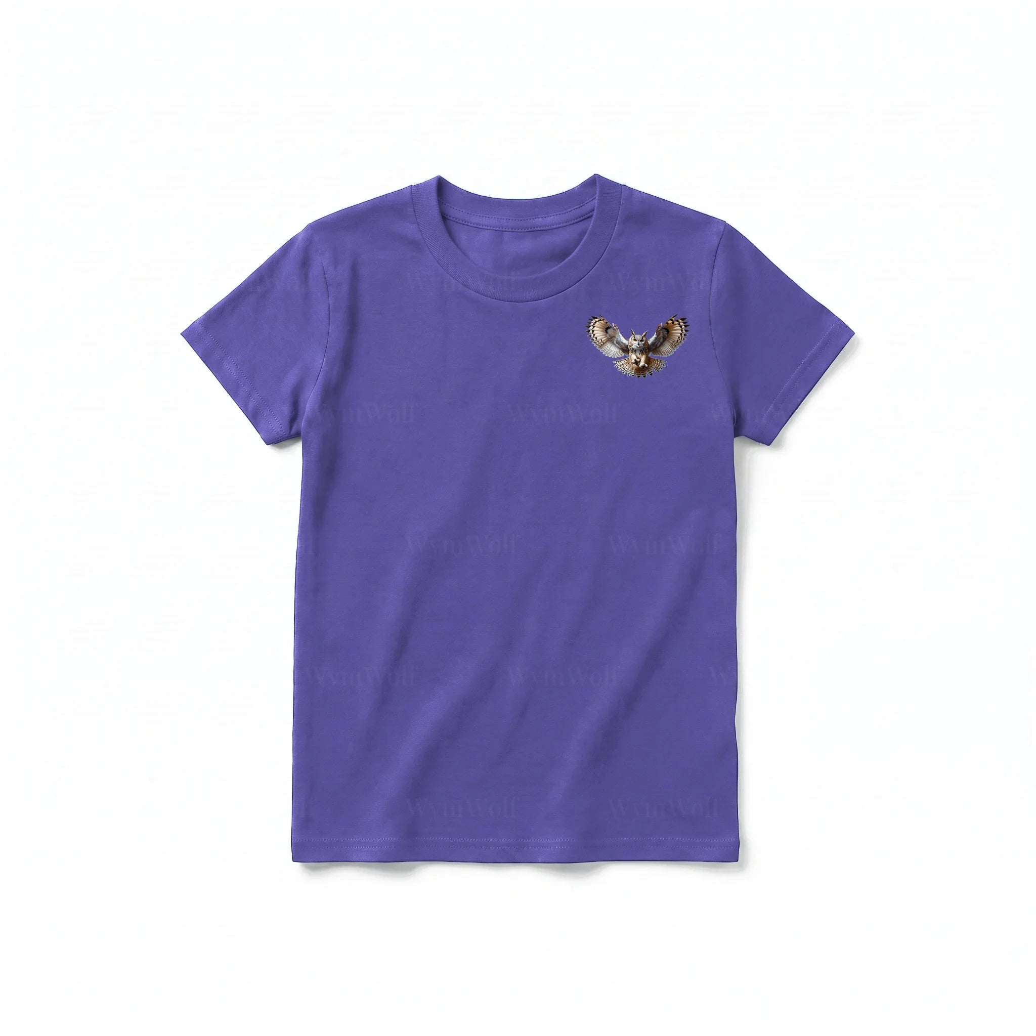 A purple short-sleeve crewneck t-shirt for youth featuring a graphic of a wildlife animal on the left chest.