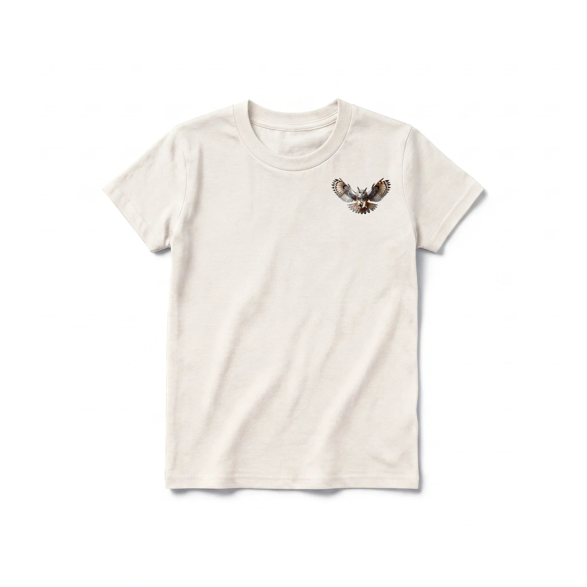 A vintage-white short-sleeve crewneck t-shirt for youth featuring a graphic of a wildlife animal on the left chest.