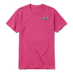 Un T-shirt framboise à manches courtes et col rond, orné d'un motif représentant un animal de la faune sur la poitrine gauche.