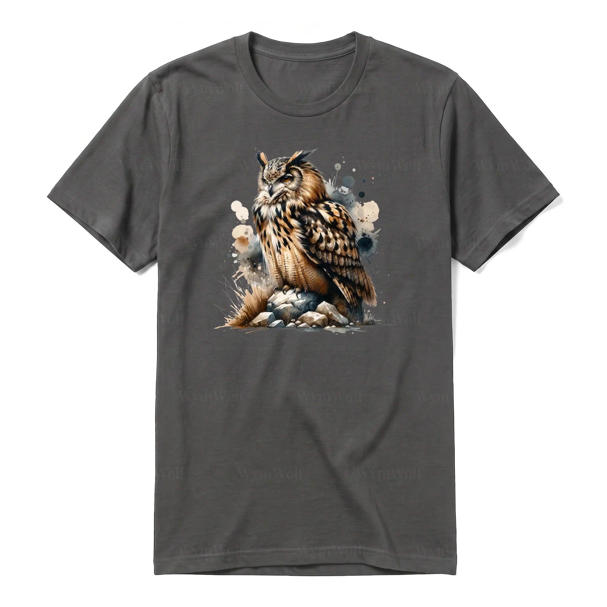 A charcoal short-sleeve crewneck t-shirt for adult featuring a graphic of a wildlife animal on the front.