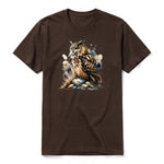 A chocolate short-sleeve crewneck t-shirt for adult featuring a graphic of a wildlife animal on the front.