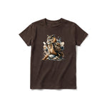 A chocolate short-sleeve crewneck t-shirt for youth featuring a graphic of a wildlife animal on the front.
