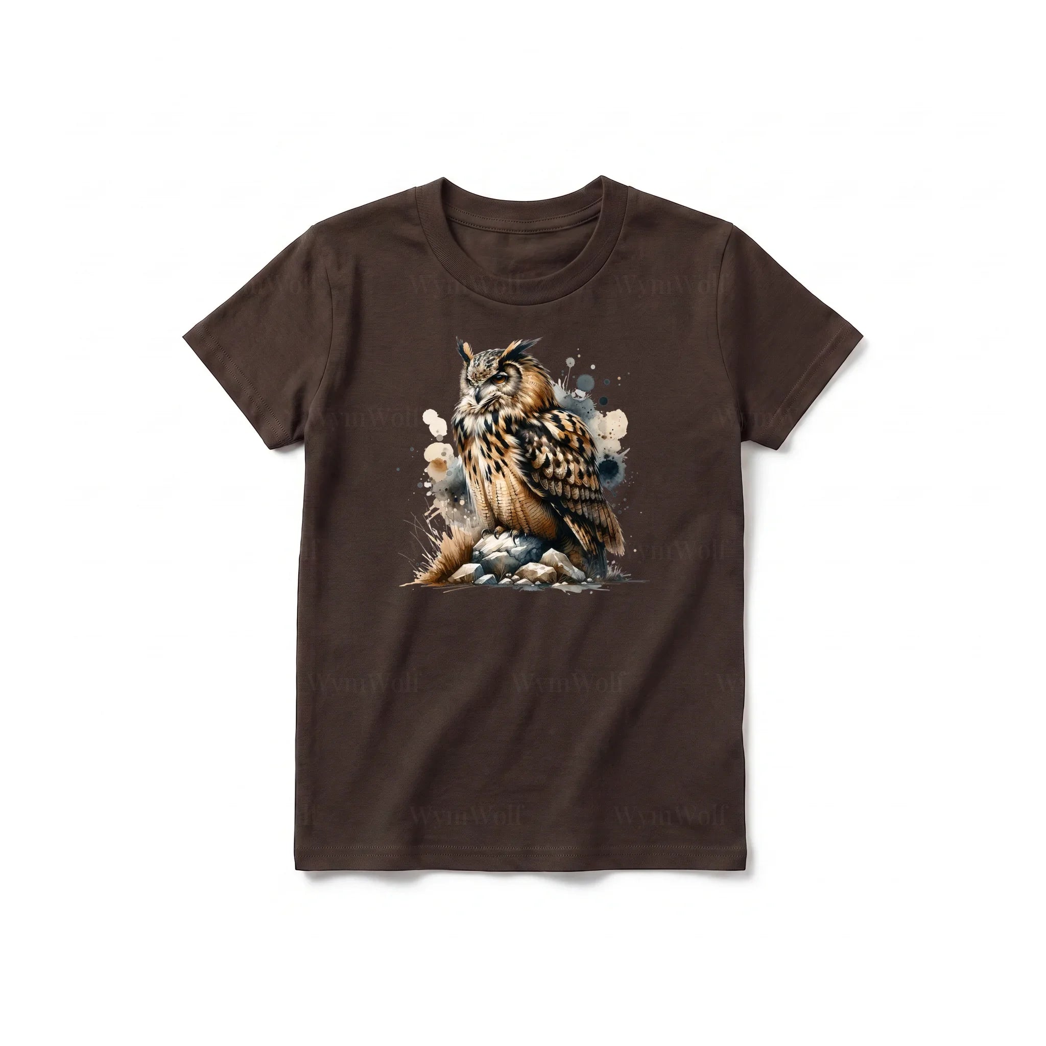 A chocolate short-sleeve crewneck t-shirt for youth featuring a graphic of a wildlife animal on the front.