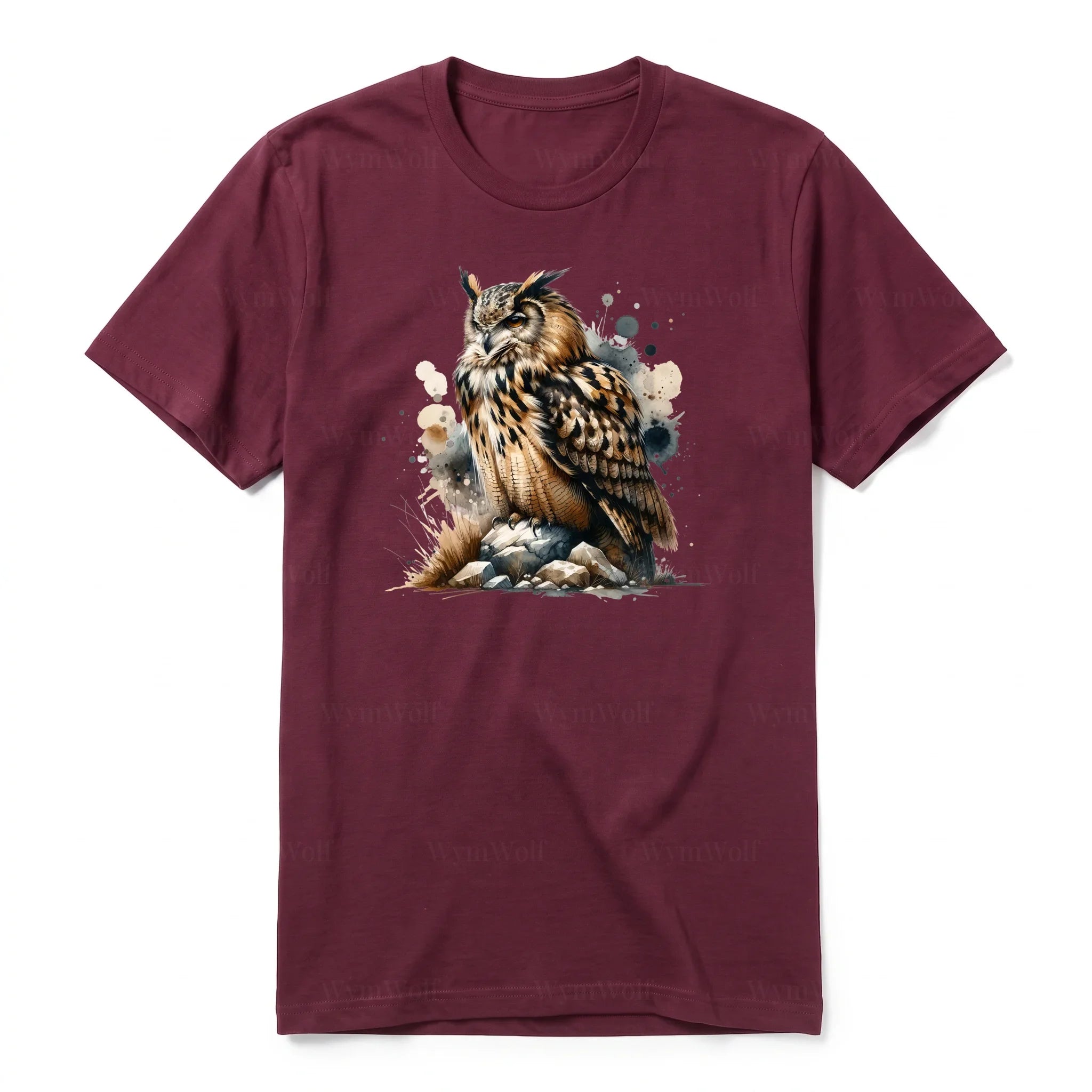 A maroon short-sleeve crewneck t-shirt for adult featuring a graphic of a wildlife animal on the front.