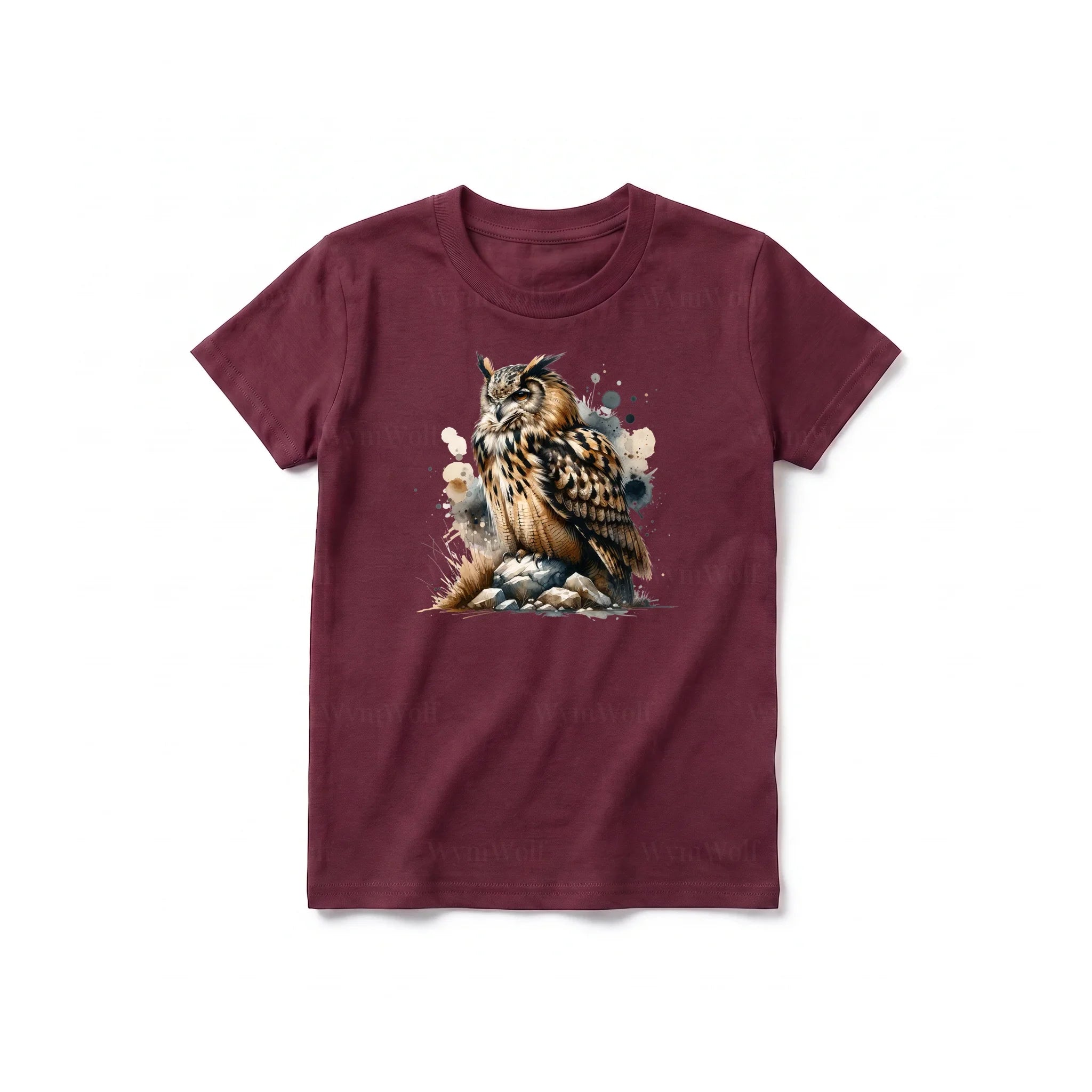 A maroon short-sleeve crewneck t-shirt for youth featuring a graphic of a wildlife animal on the front.