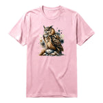A pink short-sleeve crewneck t-shirt for adult featuring a graphic of a wildlife animal on the front.