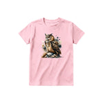 A pink short-sleeve crewneck t-shirt for youth featuring a graphic of a wildlife animal on the front.