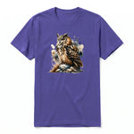 A purple short-sleeve crewneck t-shirt for adult featuring a graphic of a wildlife animal on the front.