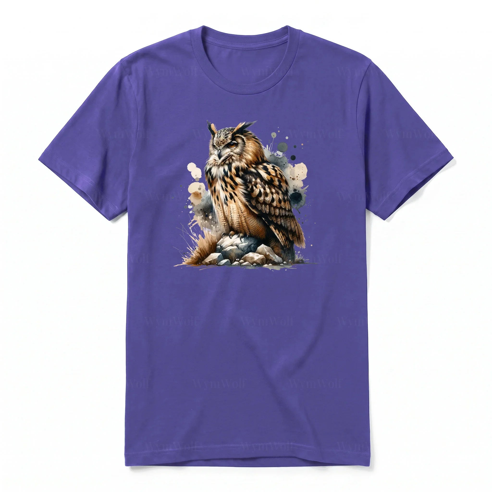 A purple short-sleeve crewneck t-shirt for adult featuring a graphic of a wildlife animal on the front.