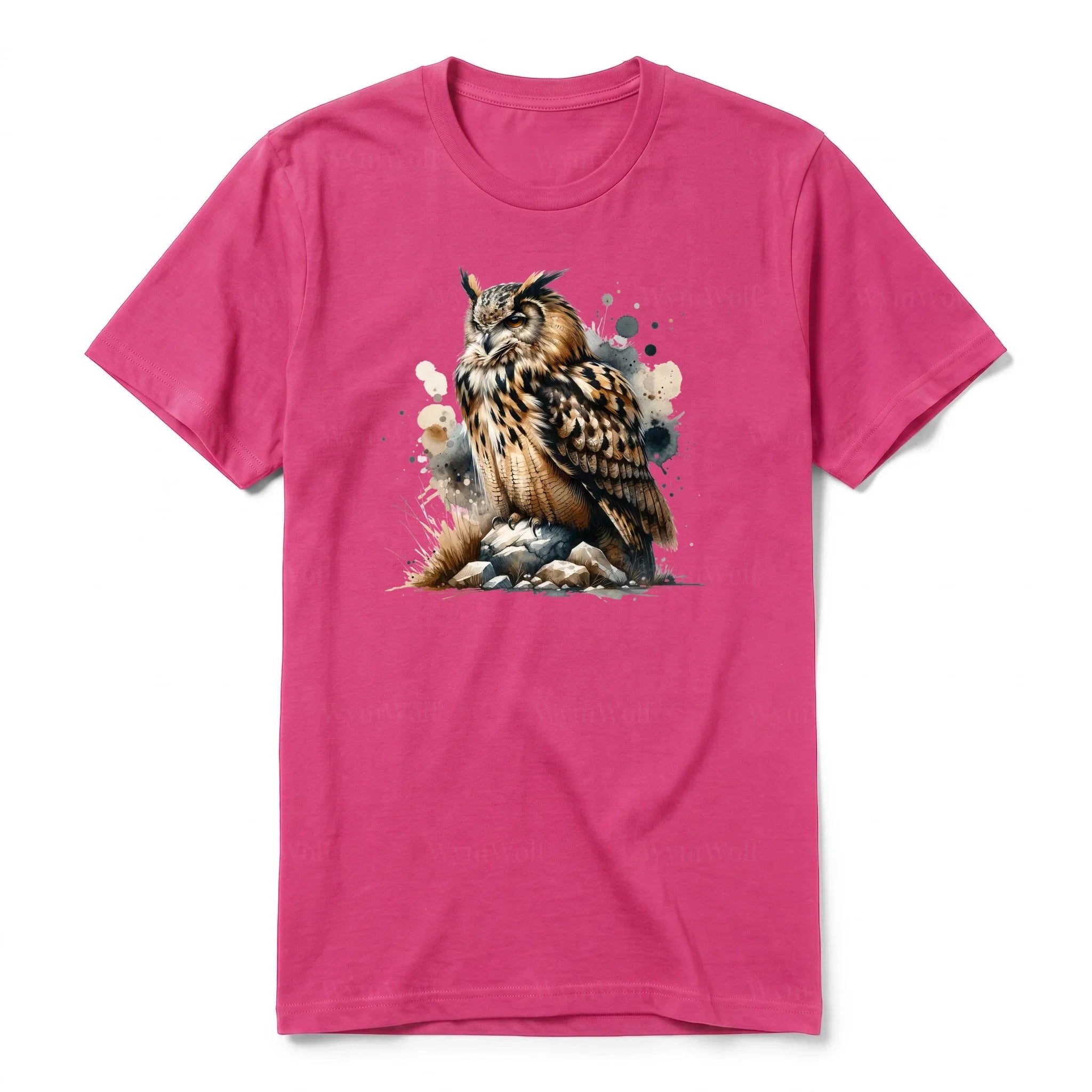 A raspberry short-sleeve crewneck t-shirt for adult featuring a graphic of a wildlife animal on the front.