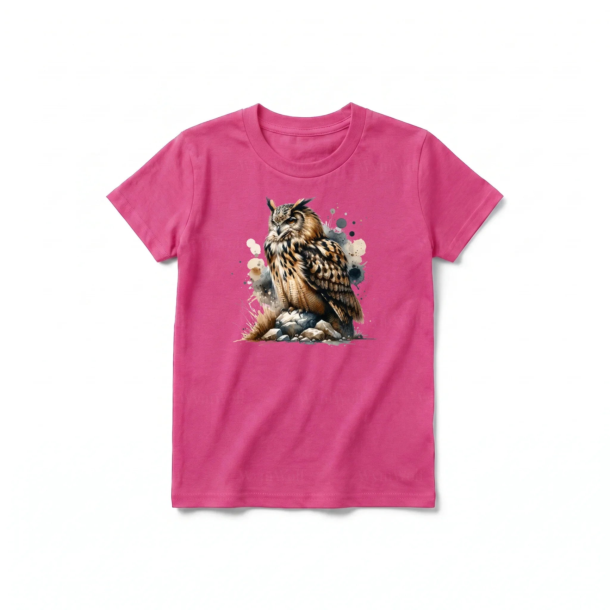 A raspberry short-sleeve crewneck t-shirt for youth featuring a graphic of a wildlife animal on the front.
