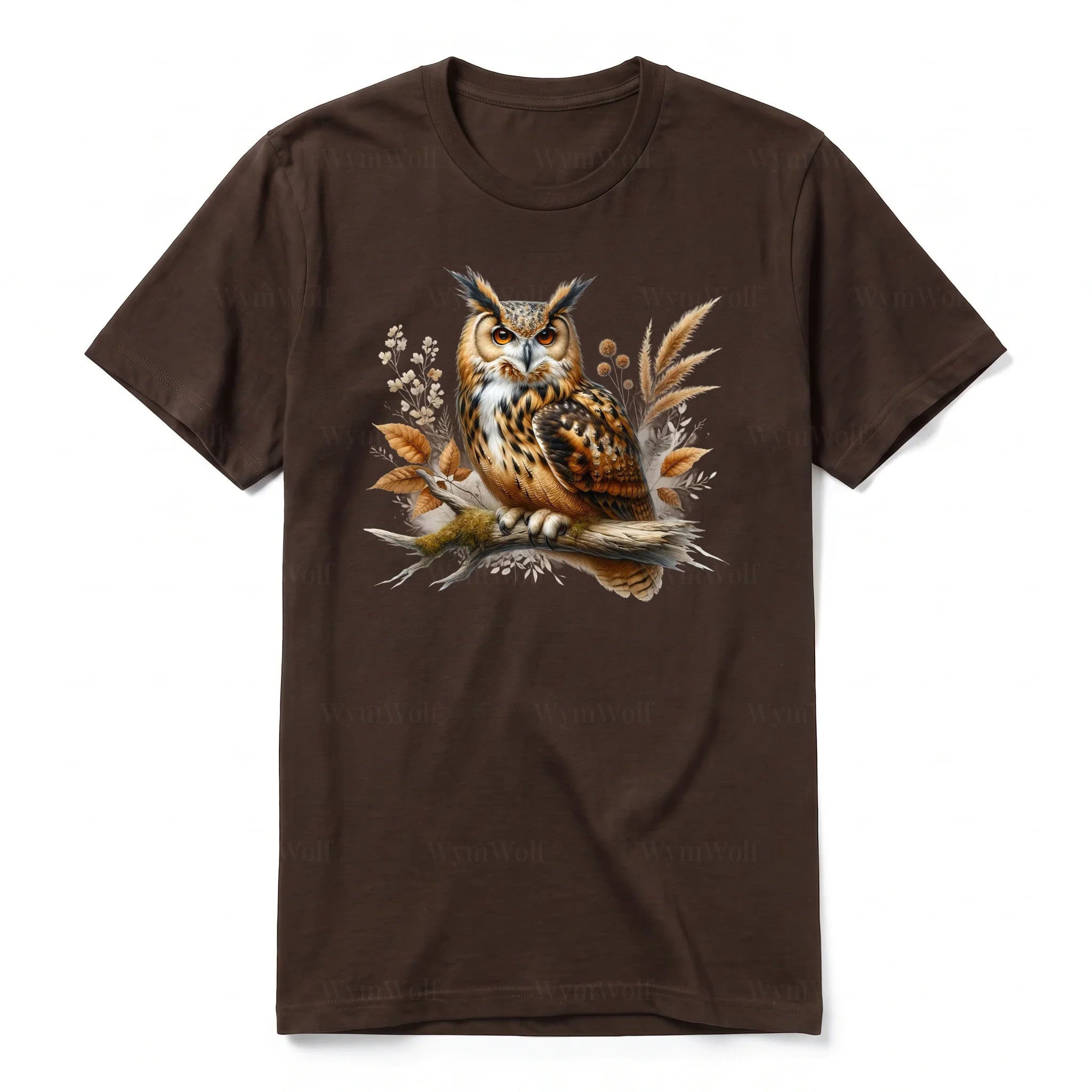 A chocolate short-sleeve crewneck t-shirt for adult featuring a graphic of a wildlife animal on the front.