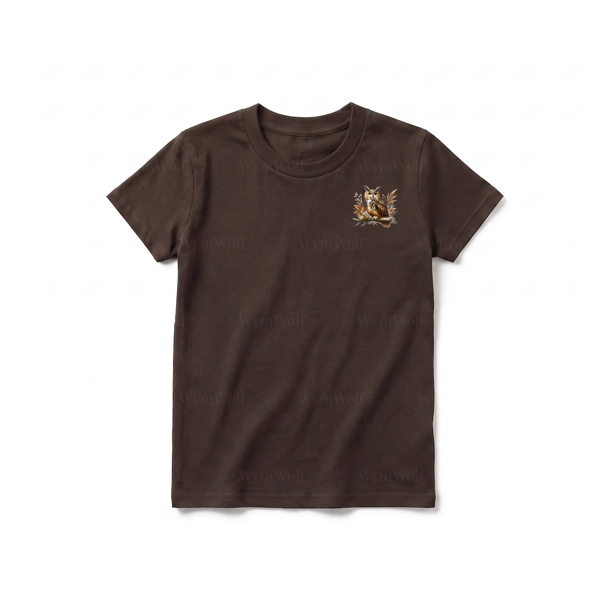 A chocolate short-sleeve crewneck t-shirt for youth featuring a graphic of a wildlife animal on the left chest.