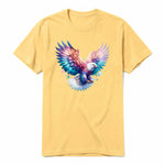 A mustard short-sleeve crewneck t-shirt for adult featuring a graphic of a wildlife animal on the front.