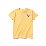 A mustard short-sleeve crewneck t-shirt for youth featuring a graphic of a wildlife animal on the left chest.